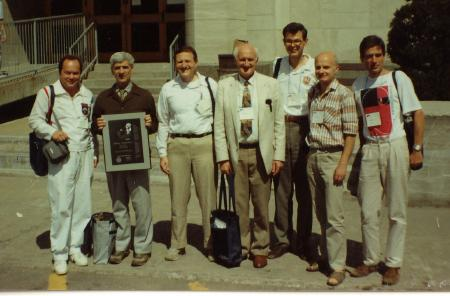 Nikolay Konstantinov with colleagues after receiving his Paul Erdös Award at ICME-7, Quebec, in 1992. From left: Alexander Soifer (USA), Nikolay Konstantinov (Russia), Mark Saul (USA), Peter O'Halloran (Australia, WFNMC President), Ed Barbeau (Canada), Marcin Kuczma (Poland) and Kiril Bankov (Bulgaria).