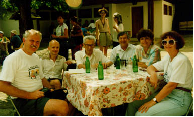 Paul Erdös with (from left) Peter Taylor (Australia), Marcin Kuczma (Poland), Warren Atkins (Australia), Emmy Velikova (Bulgaria) and Naida Atkins (Australia) during the excursion, Bulgaria, 1994.