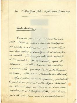 First handwritten page of de Rham's doctoral thesis