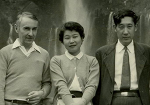 Claude Chevalley (left), Miss S. Miyajima(secretary; middle) and Shokichi Iyanaga (right) in front of Kegon Falls at Nikko, where the international symposium on algebraic number theory was held in 1955.